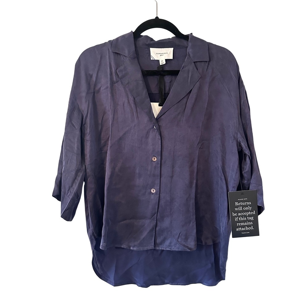 POMANDER PLACE Navy Blue Cupro Button Front Shirt Top XS NWT Preppy Lightweight